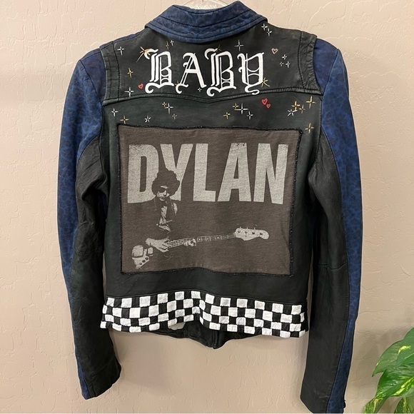 Doma Leather OOAK reworked moto Jacket, blu with animal print and back graphic S - Picture 4 of 17